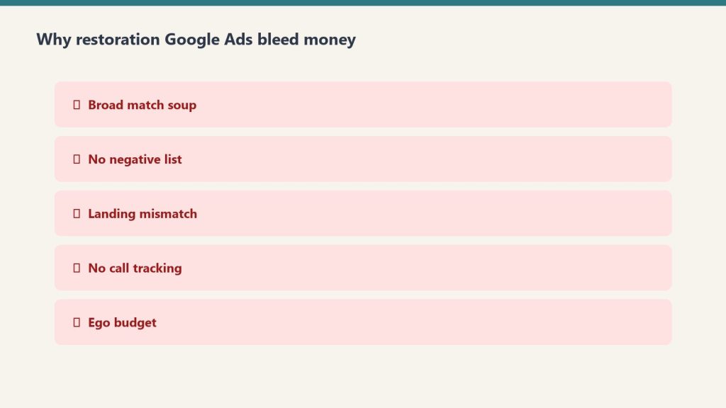 Red checklist of five reasons restoration Google Ads waste budget