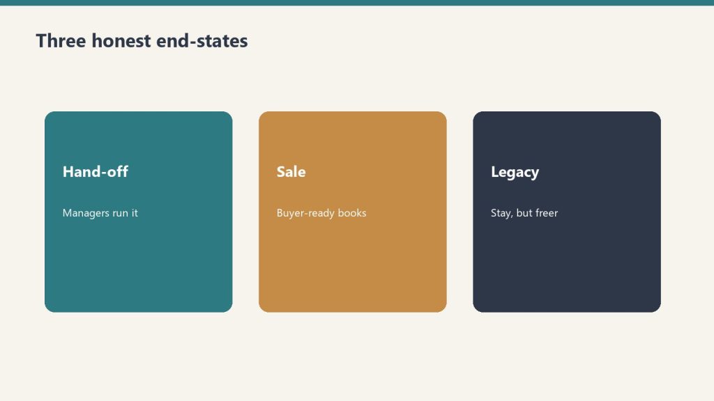 Three panels for hand-off, sale, and legacy operation end-states