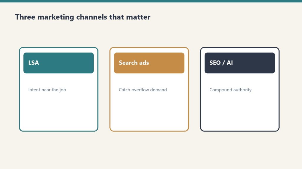 Three cards for LSA, search ads, and SEO/AI authority channels