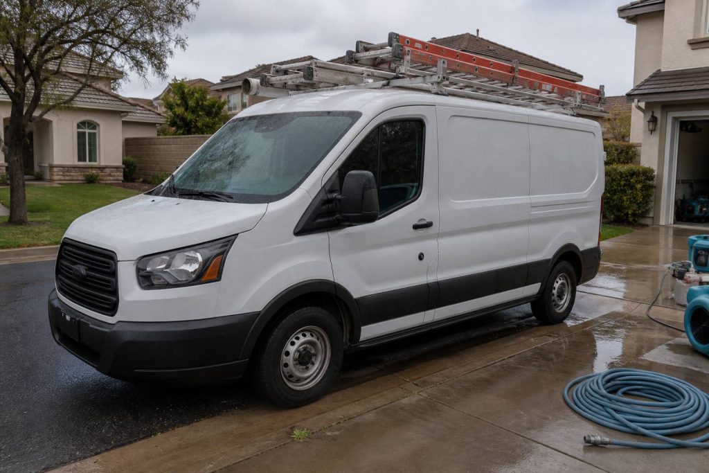 White restoration work van with ladder rack parked at a suburban jobsite curb
