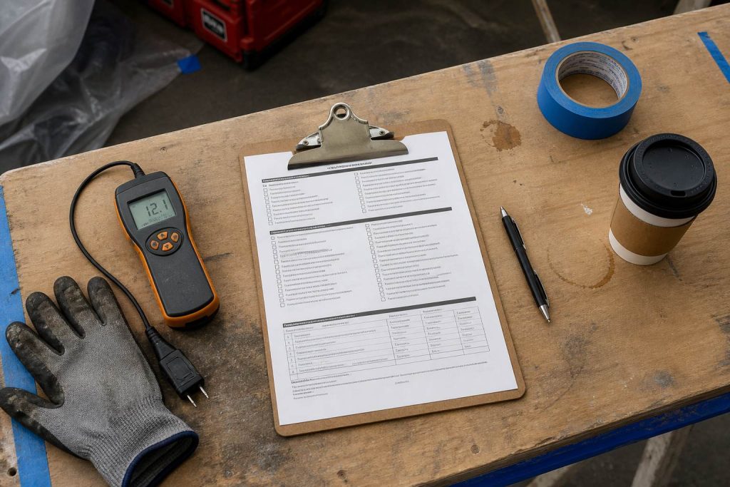 Clipboard checklist on a restoration jobsite