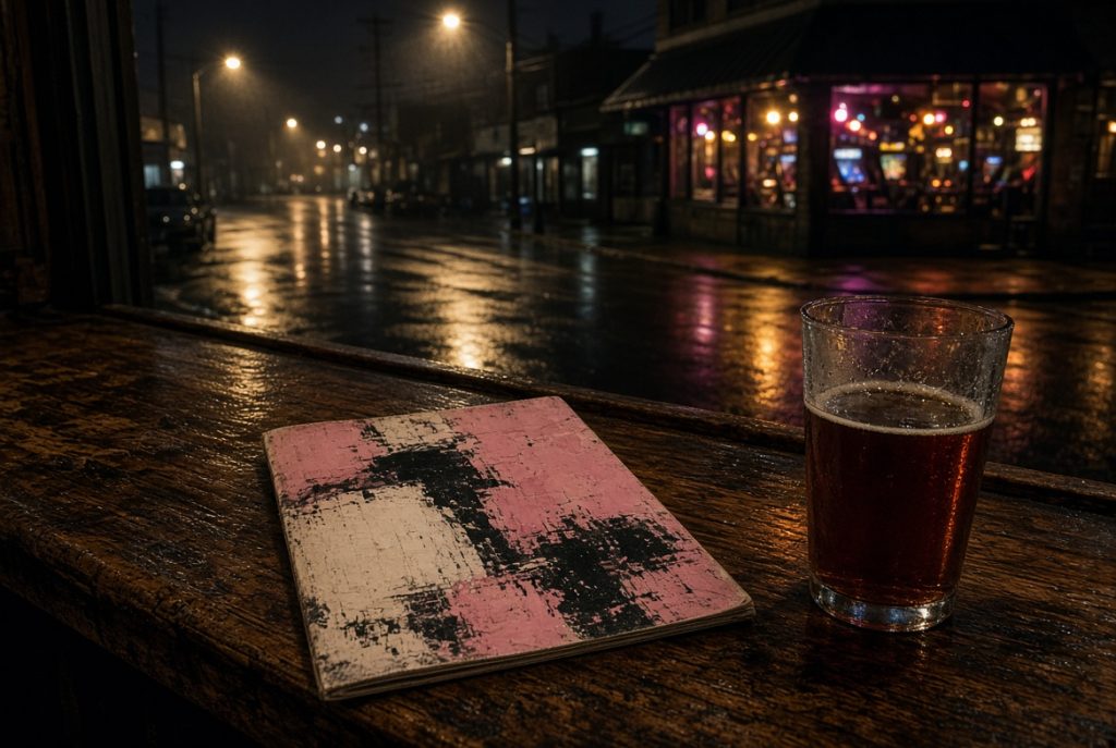 A free zine and a pint glass on a worn wood ledge, looking out at a wet Tacoma street at night with arcade light in a corner bar.