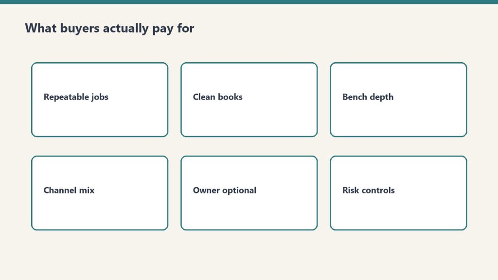 Six cards: repeatable jobs, clean books, bench depth, channel mix, owner optional, risk controls