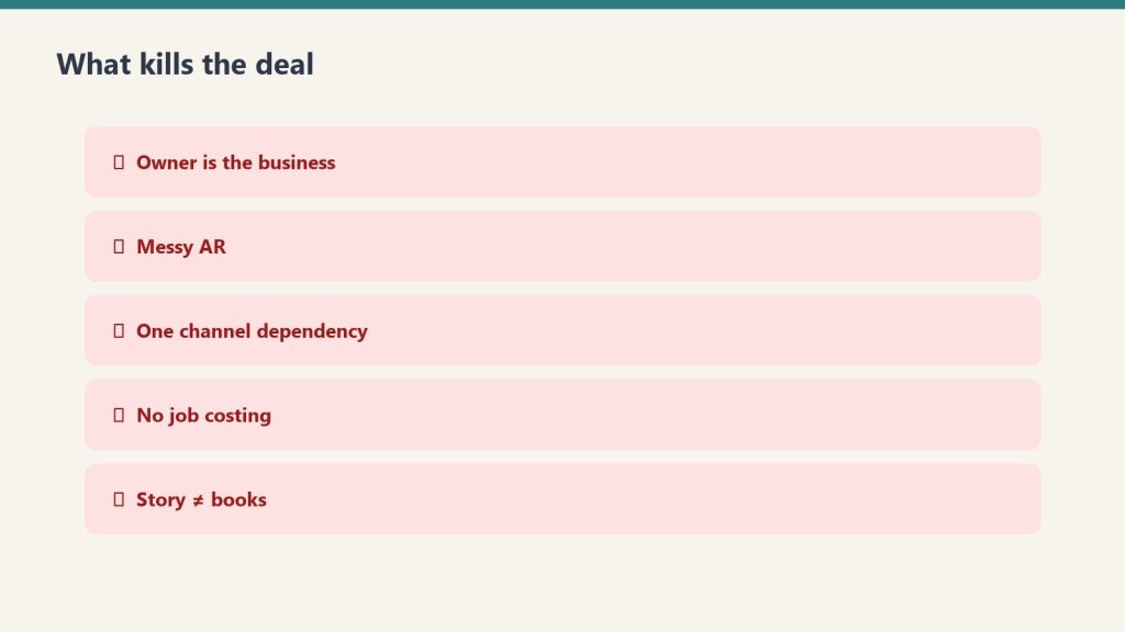 Red list of deal killers including owner dependency and messy AR