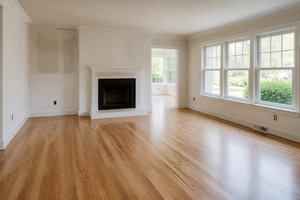 Clean dry living room after water restoration dry-down, ready for rebuild