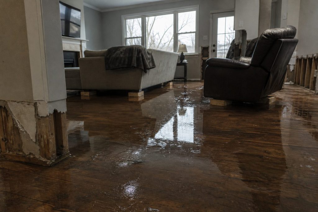Flooded residential living room with standing water on hardwood after a water loss