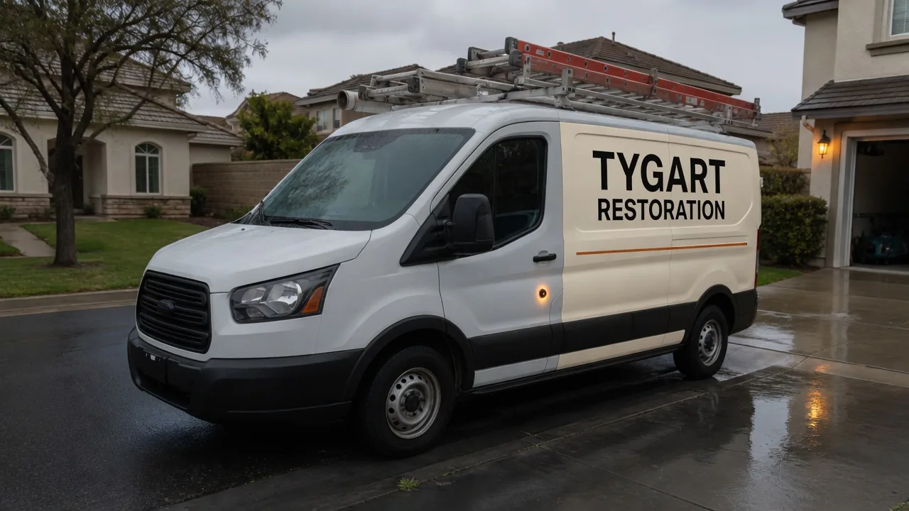 White restoration van with cream TYGART / RESTORATION door livery.