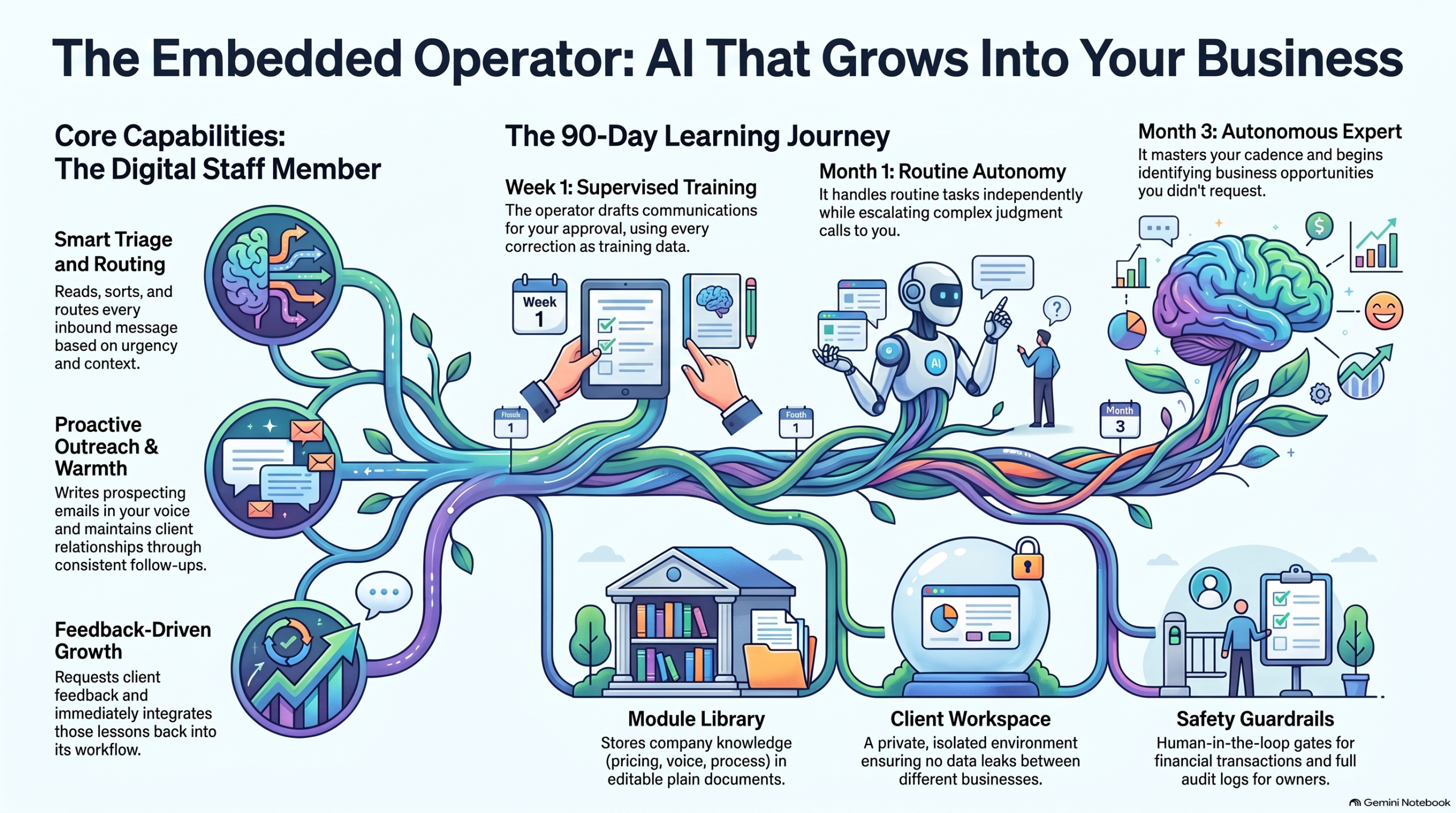 Infographic titled 'The Embedded Operator Growth Journey,' showing the stages an AI operator passes through as it learns a business — from supervised drafting in week one, to handling routine work independently by month one, to knowing the clients, cadence, and voice of the business by month three.
