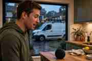 A homeowner speaking to a voice assistant in a kitchen, with a contractor's van visible through the window.