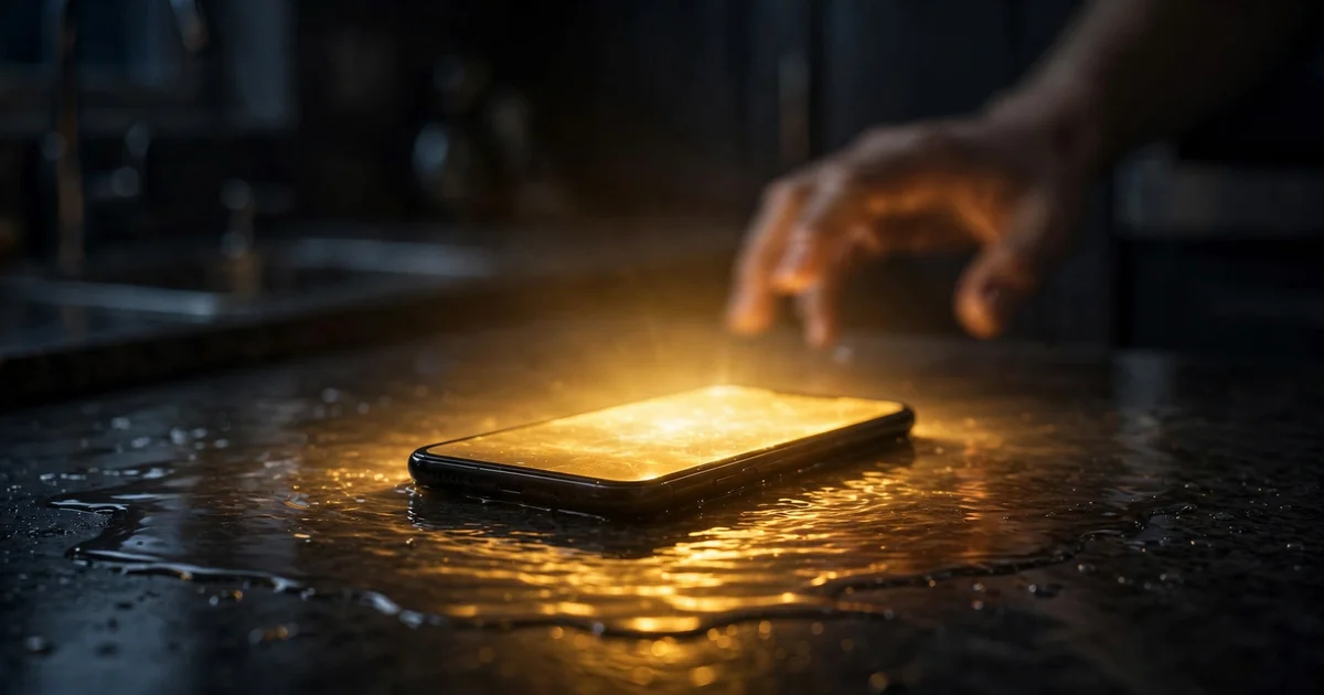 Smartphone glowing on a wet kitchen counter at night, a hand reaching toward it