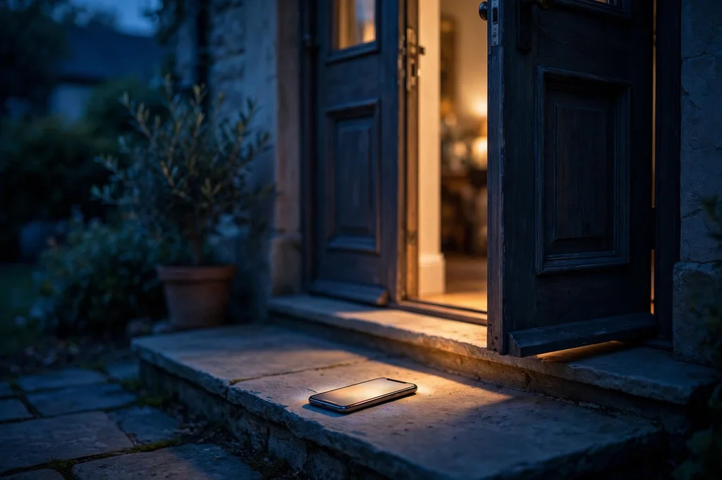 A front door standing open at dusk with warm light pouring out, a phone on the doorstep
