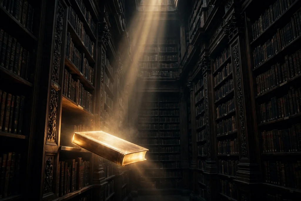 A grand library with one book glowing as it slides out from the shelf