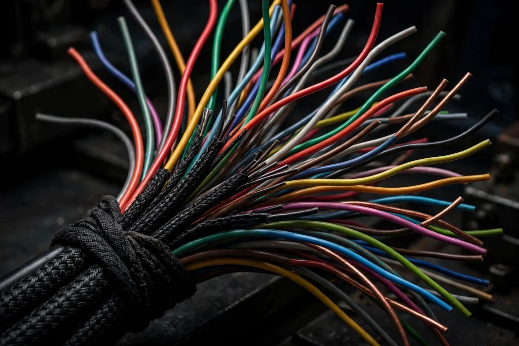 A bundled cable fanning out into many separate colored wires