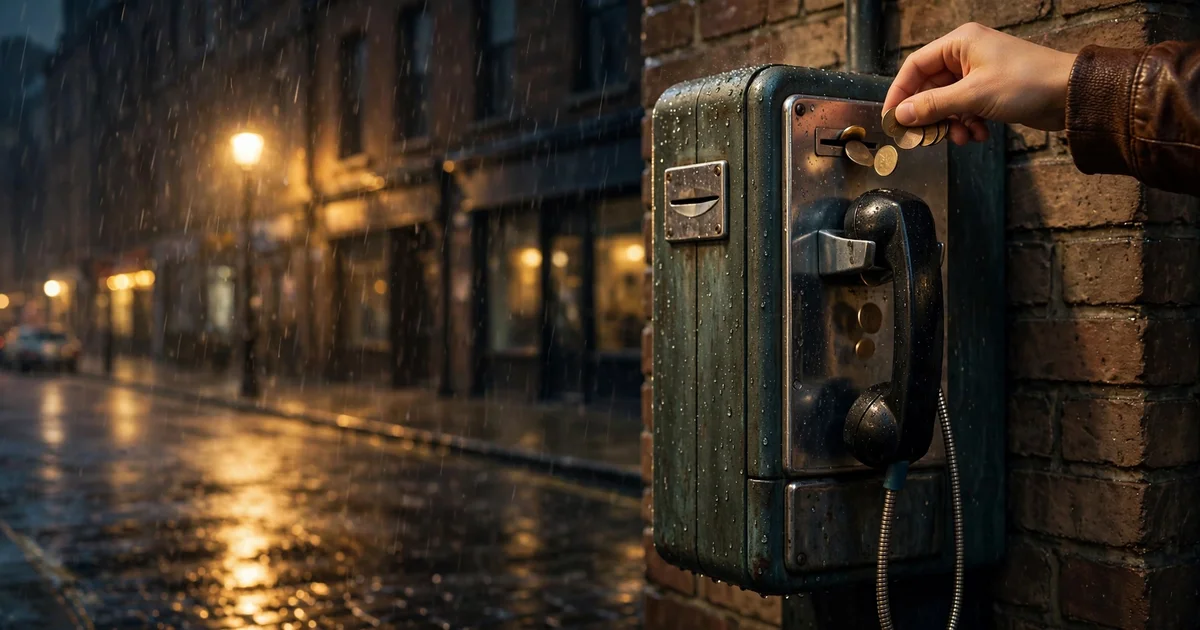 A hand dropping coins into a vintage payphone on a rainy street at night