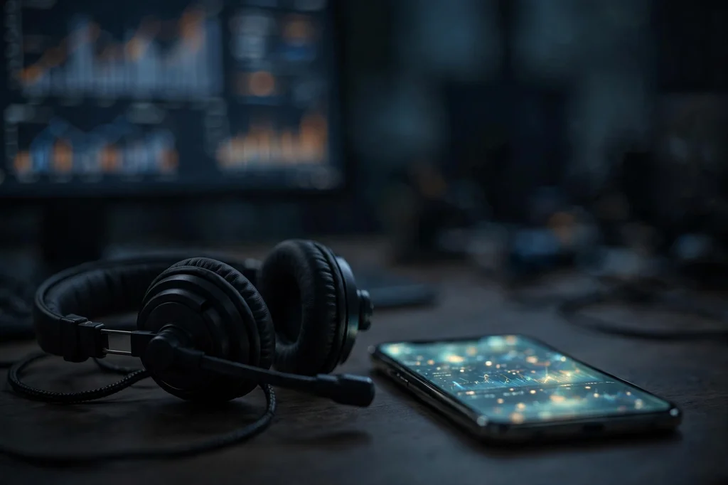 A headset resting on a desk next to a glowing phone with blurred charts behind
