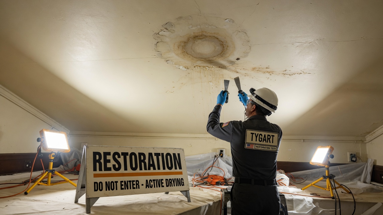 Tygart Field Case restoration still: 03 ceiling water stain.