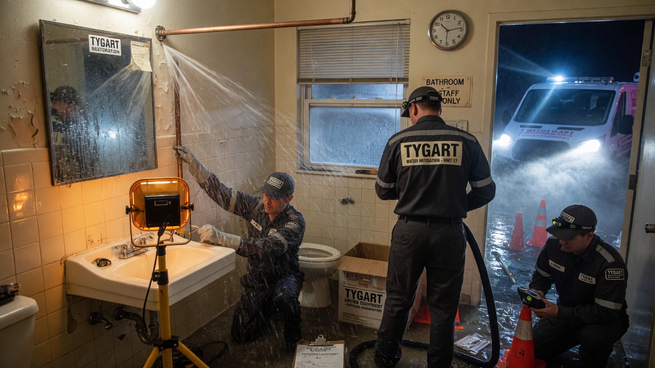 Tygart Field Case restoration still: 08 night burst pipe.