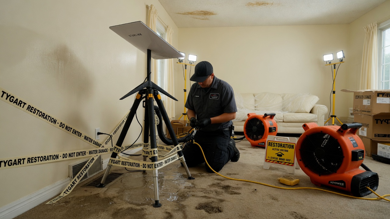 Restoration crew on a water job with Starlink and Field Case gear labeled Tygart.