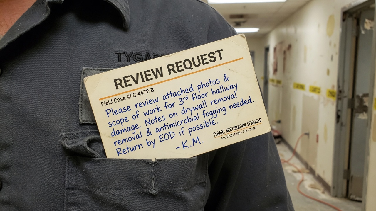 Field Case still: review card on a warm black table.