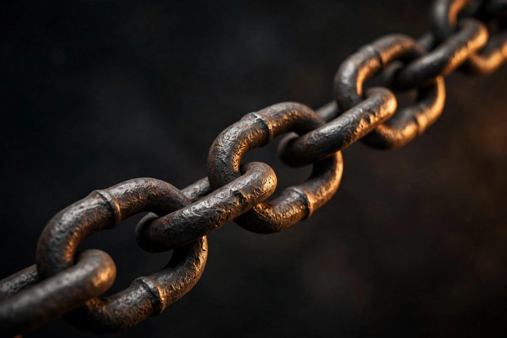 Forged iron chain links in warm light — an unbroken chain of evidence