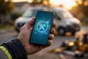 A work-worn contractor's hand holding a smartphone displaying a glowing tools icon, with service vans blurred in the background at sunset.