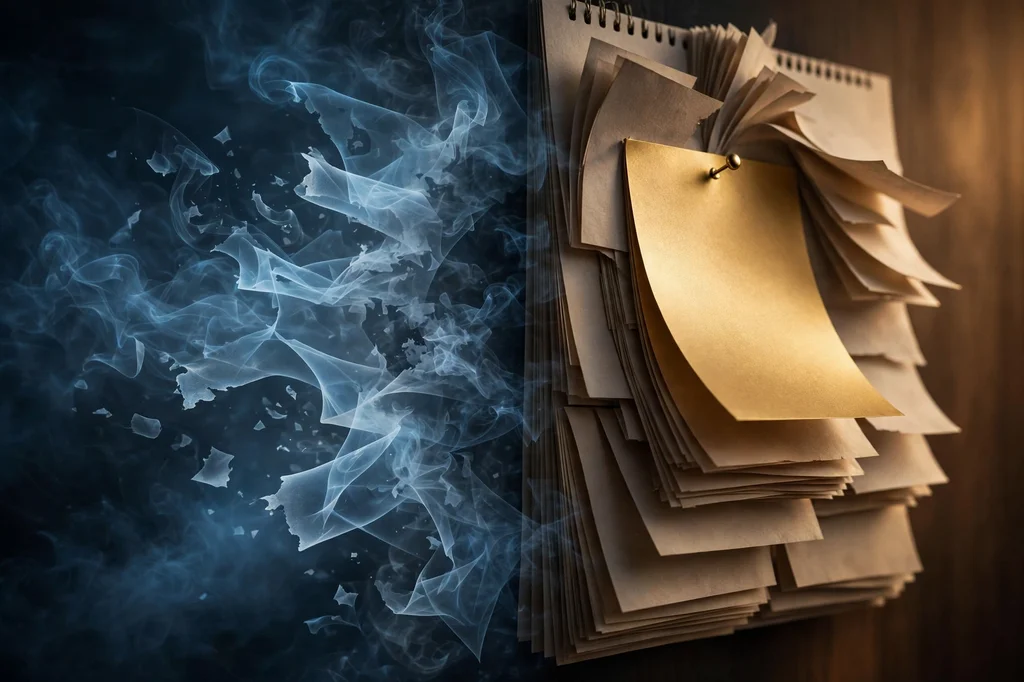 Ghostly pages dissolving on the left, one golden page pinned through a wall calendar on the right