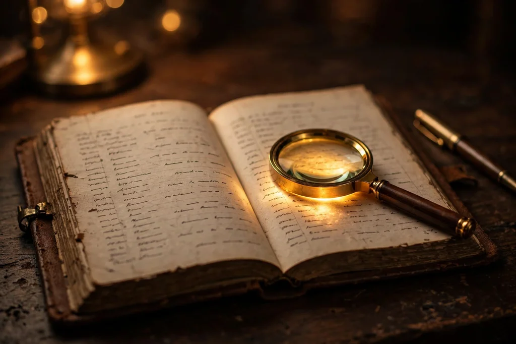Open leather ledger book with a brass magnifying glass glowing over one entry