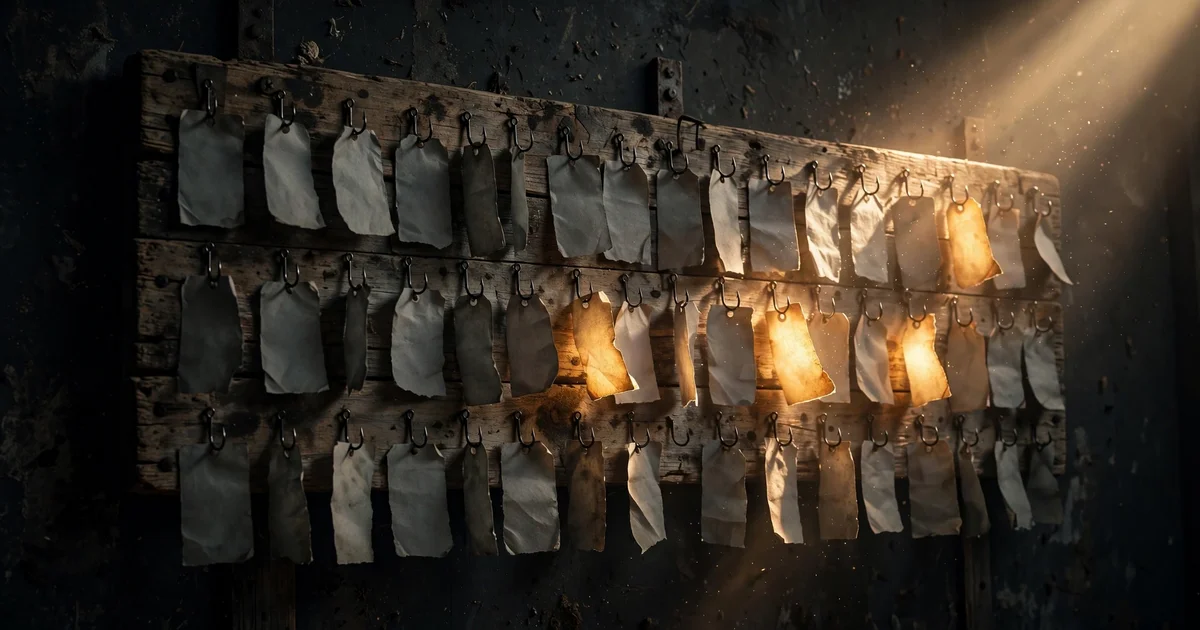 Wooden bait board with pages hanging from fishing hooks, a few glowing gold in warm light