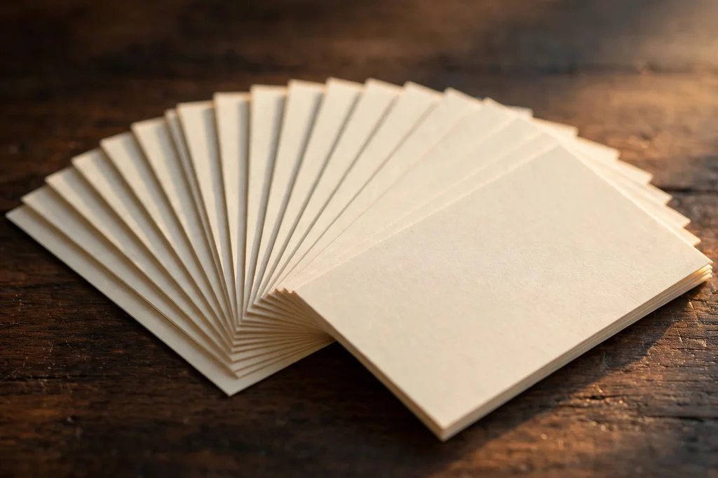 A fanned stack of identical blank cream business cards on a wooden desk