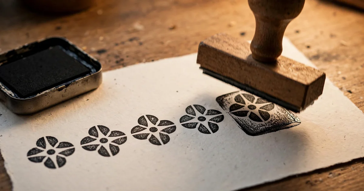 A rubber stamp pressing identical impressions in a neat row on paper