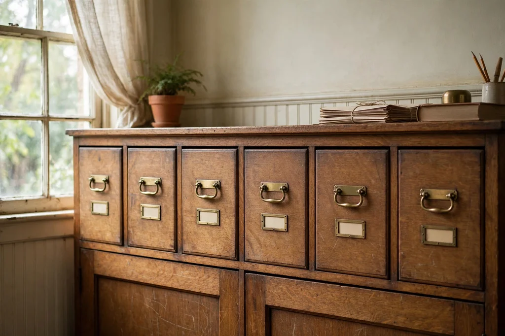 An orderly row of wooden file drawers with blank brass label plates