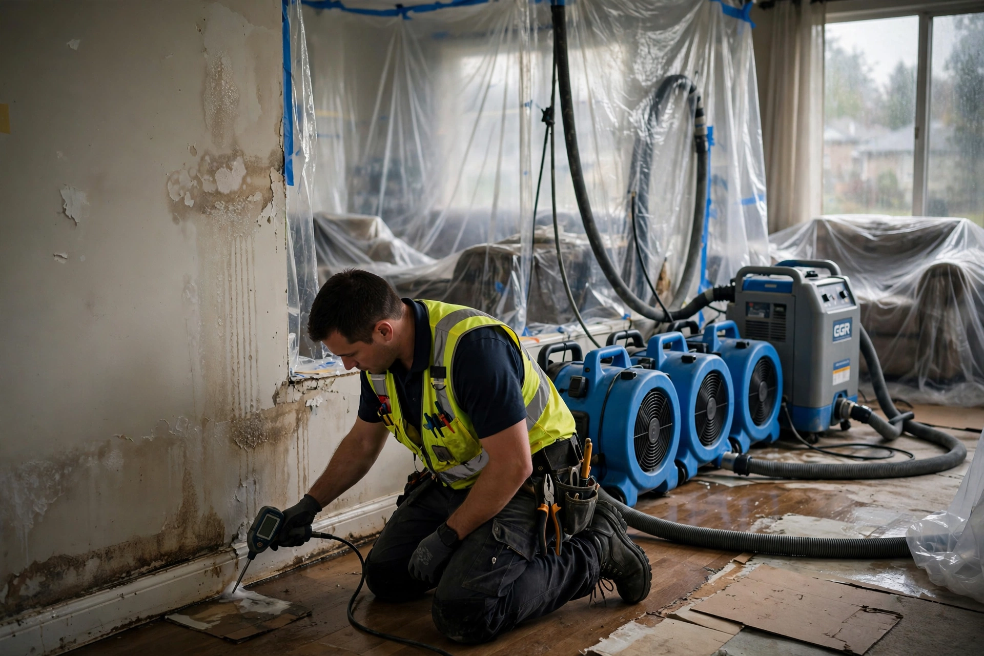 Restoration crew with air movers and dehumidifiers drying a home interior