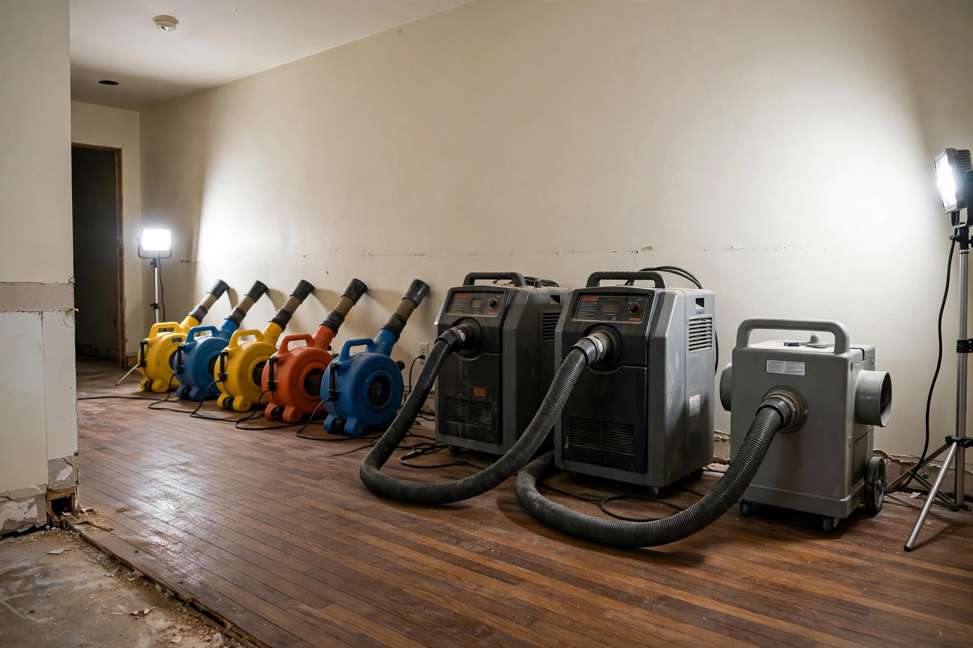 Professional restoration drying equipment — air movers, dehumidifiers, and an air scrubber — lined up in a home