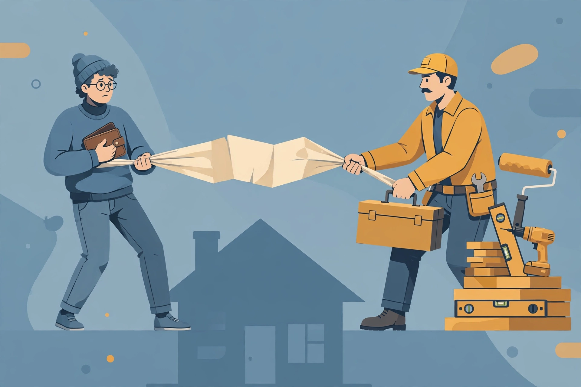 Illustration of a homeowner and contractor in a tug-of-war over a repair contract