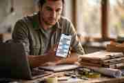 A contractor at a workbench holding a smartphone showing a chat conversation, with a laptop, blueprints, and tools on the desk.