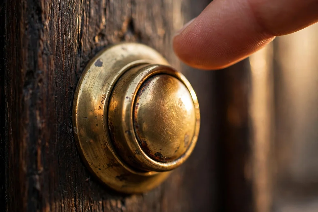 A finger about to press an old polished brass doorbell on a wooden door