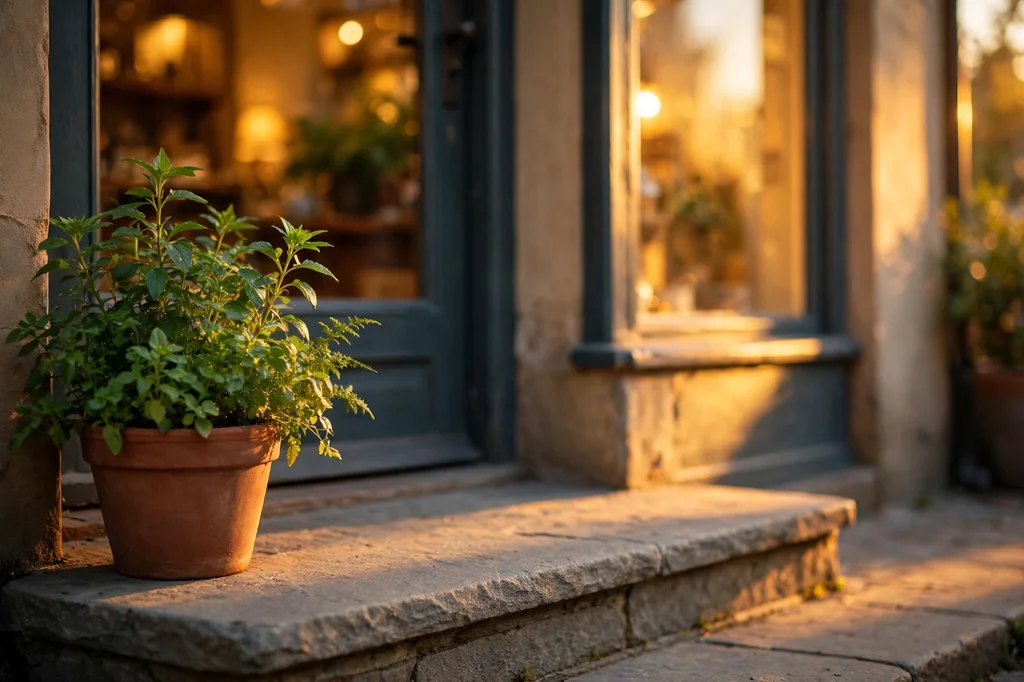 A tended shop doorstep with a potted plant in warm golden-hour light