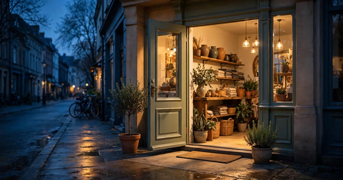 A small-business front door standing open with warm light spilling onto the street at dusk