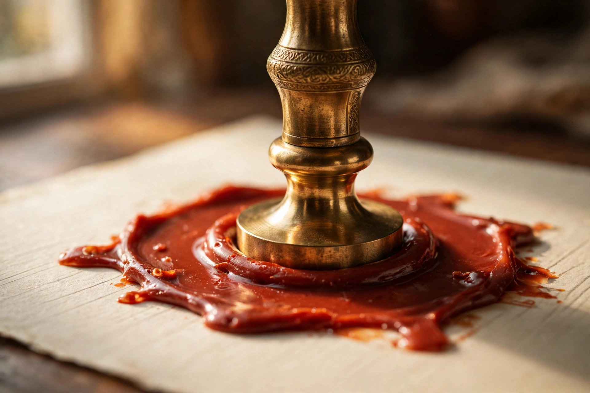 A brass seal stamp pressing into red sealing wax on paper — a symbol of authenticated provenance