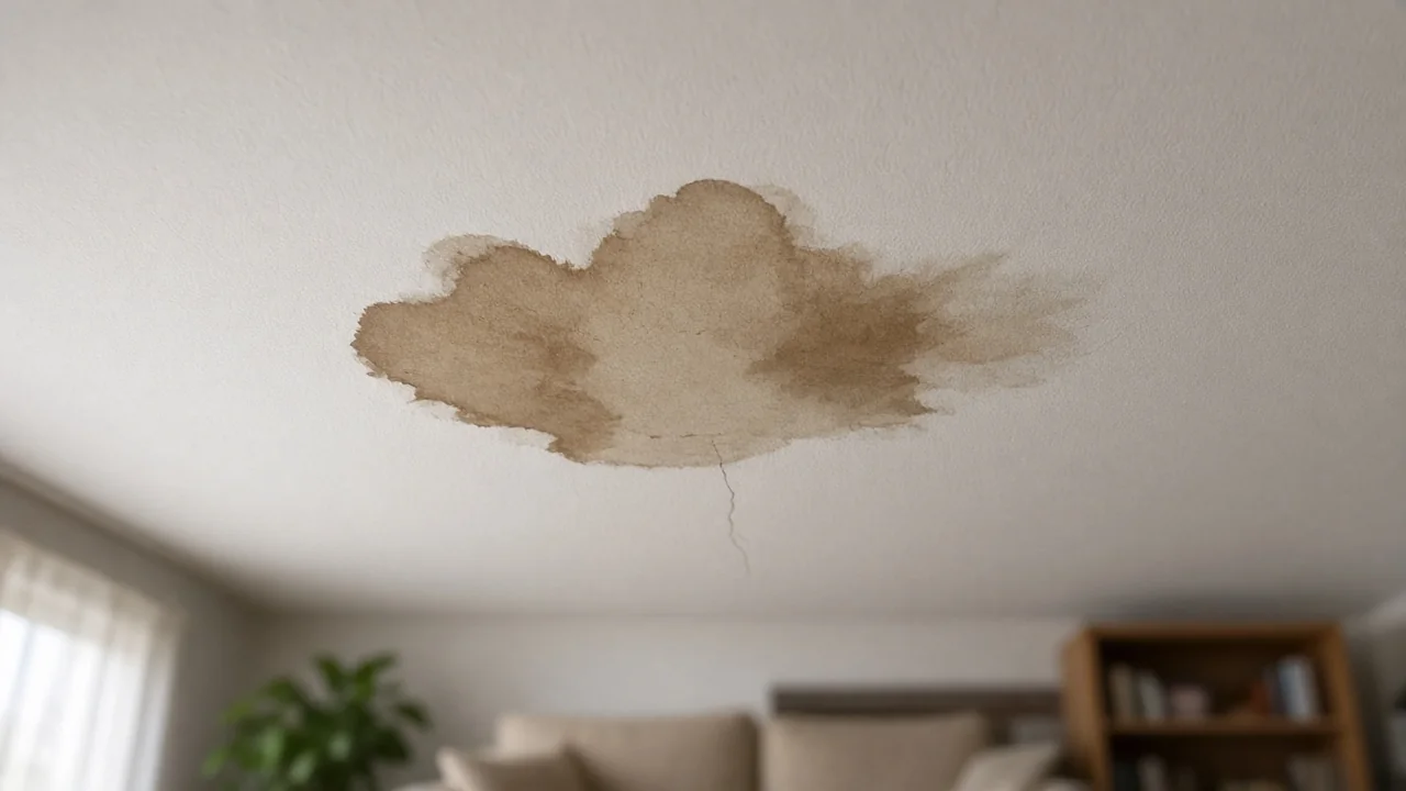 Brown water stain spreading across a white residential ceiling