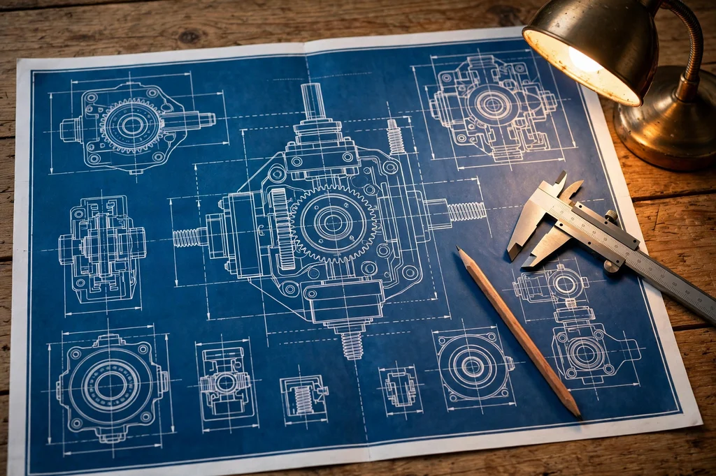 An engineering blueprint spread on a wooden desk with a pencil and calipers