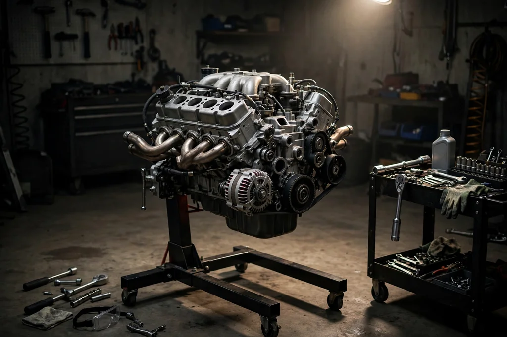 A car engine mounted on a stand in a garage, ready to be swapped