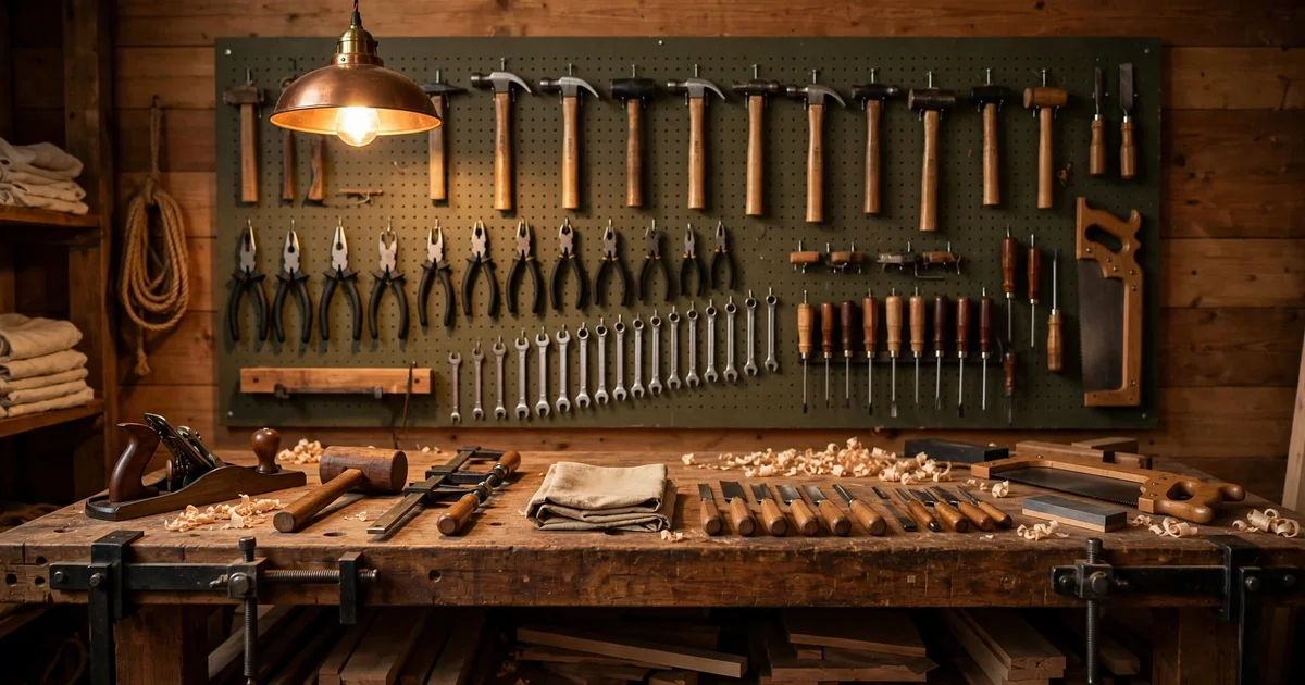 A craftsman workshop workbench with organized hand tools on a pegboard wall