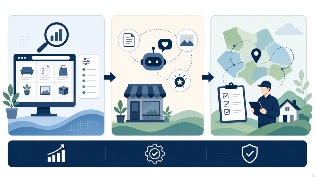 Illustration for article: SEO, AEO, and GEO for E-Commerce: How Product Discovery Changes Across All Three Layers