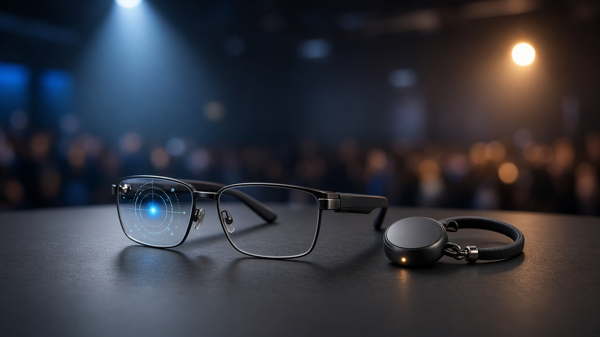 Smart glasses with a glowing AI assistant display on a keynote stage, illustrating Meta Connect 2026's shift of AI from the phone to wearables.