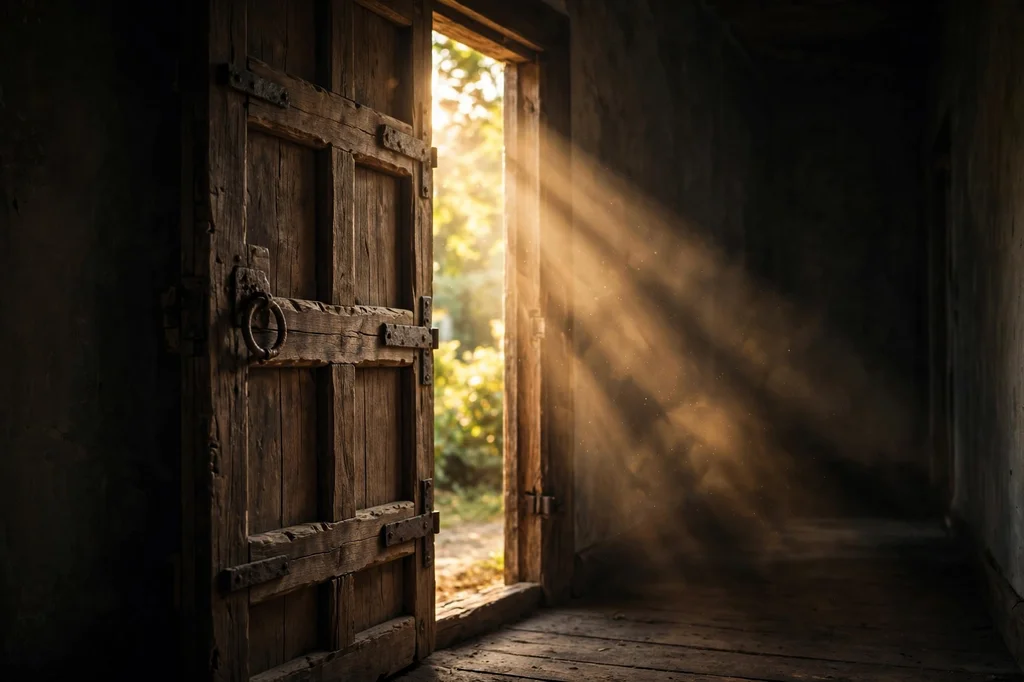 A heavy wooden door standing ajar with warm light streaming inward