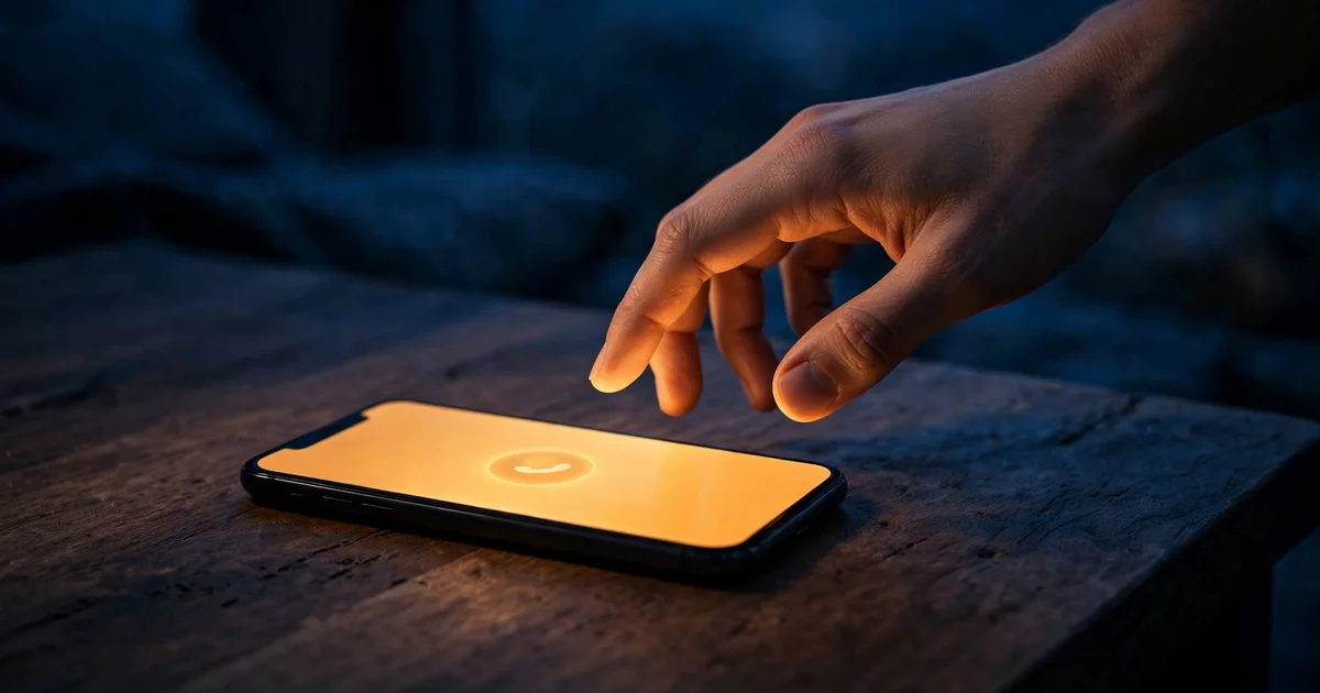 A hand about to answer a glowing smartphone on a dark wooden desk at night