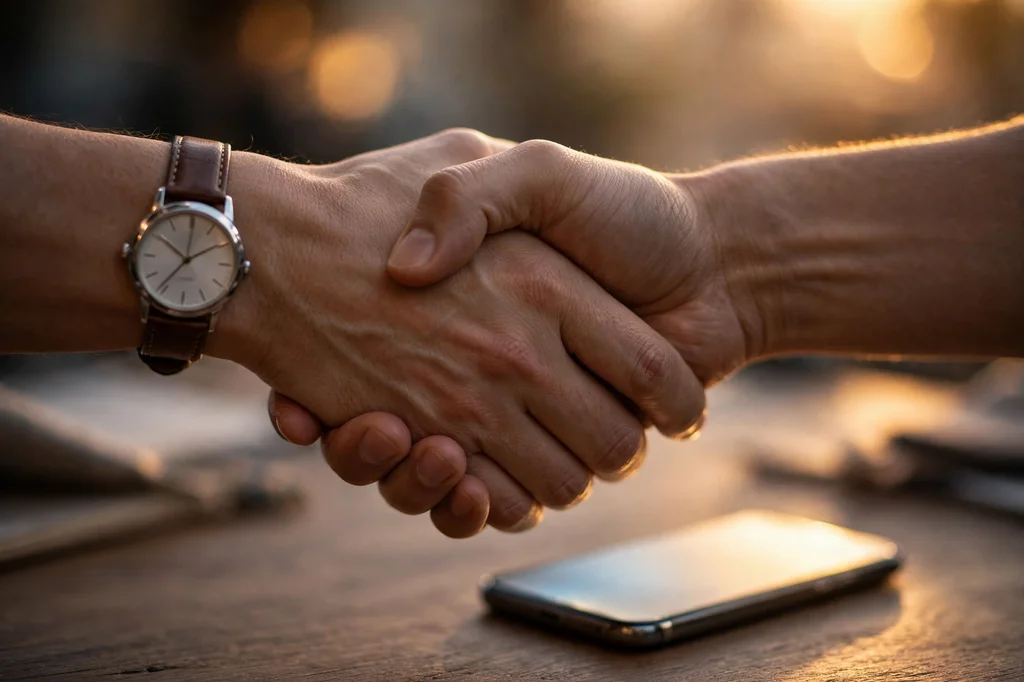 Two hands in a firm handshake over a desk with a softly glowing phone
