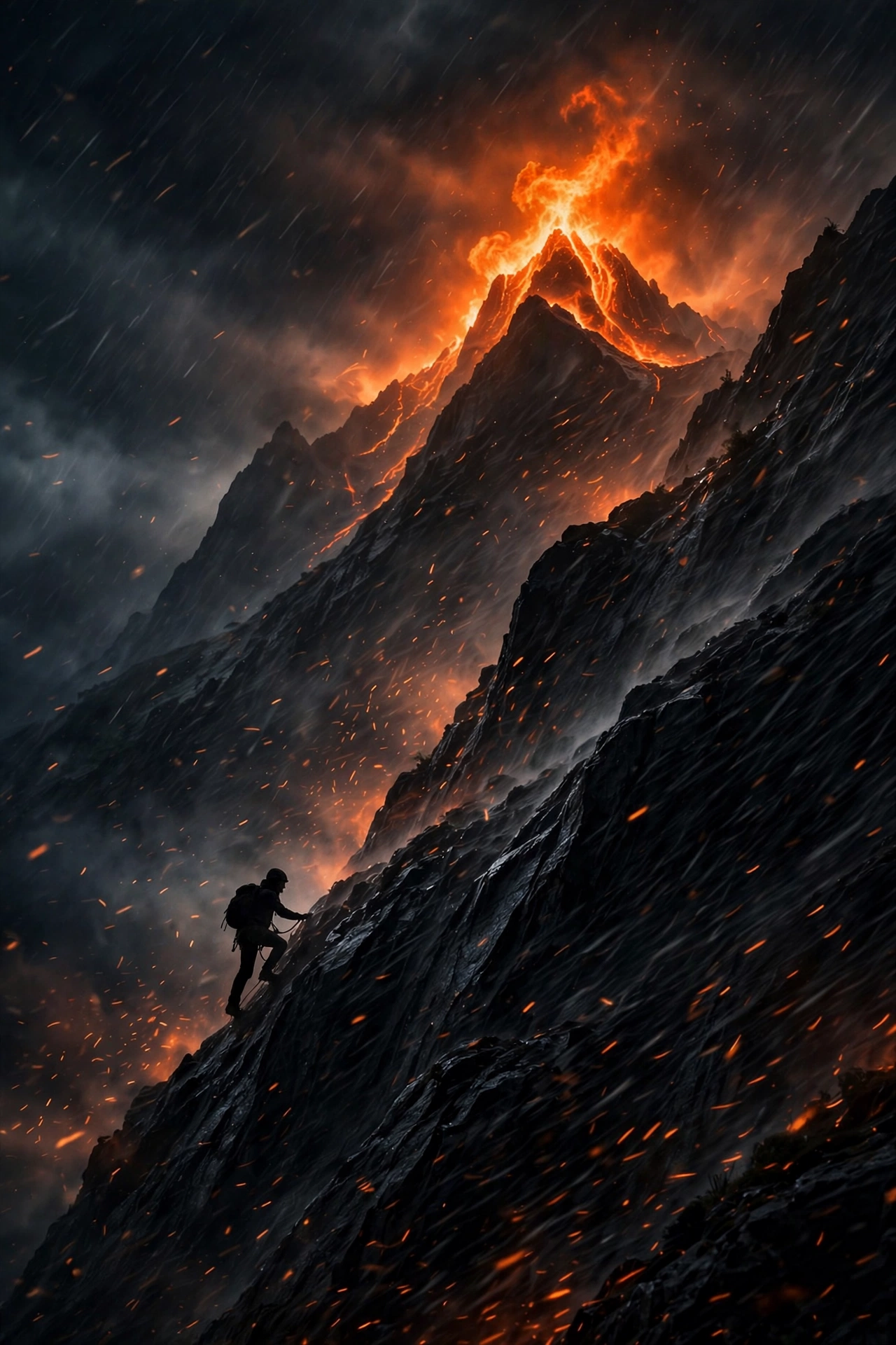 The climb — a lone figure ascending through iron weather