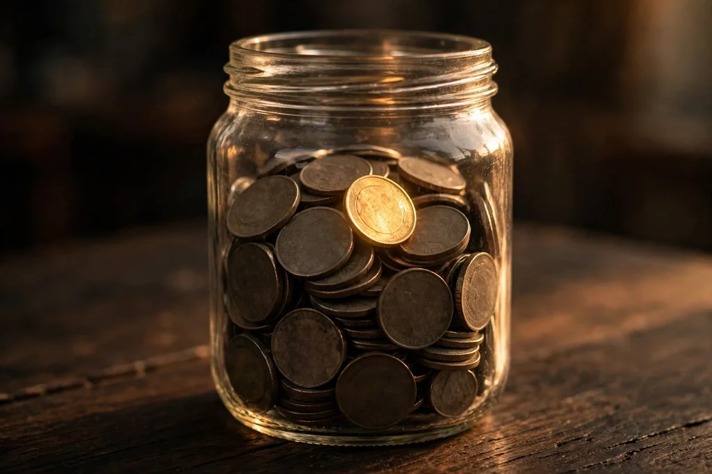 A glass jar of dull coins with one single coin glowing gold among them
